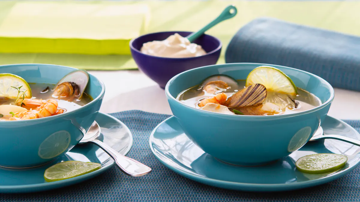 Low carb seafood soup with garlic mayo