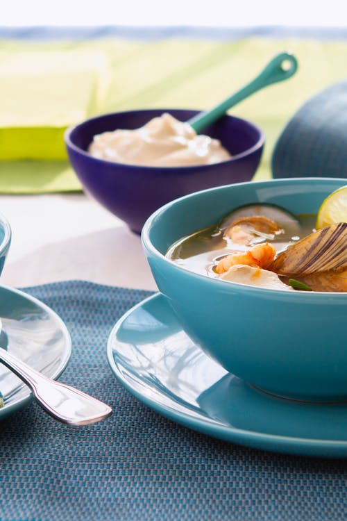 Low-carb seafood soup with garlic mayo