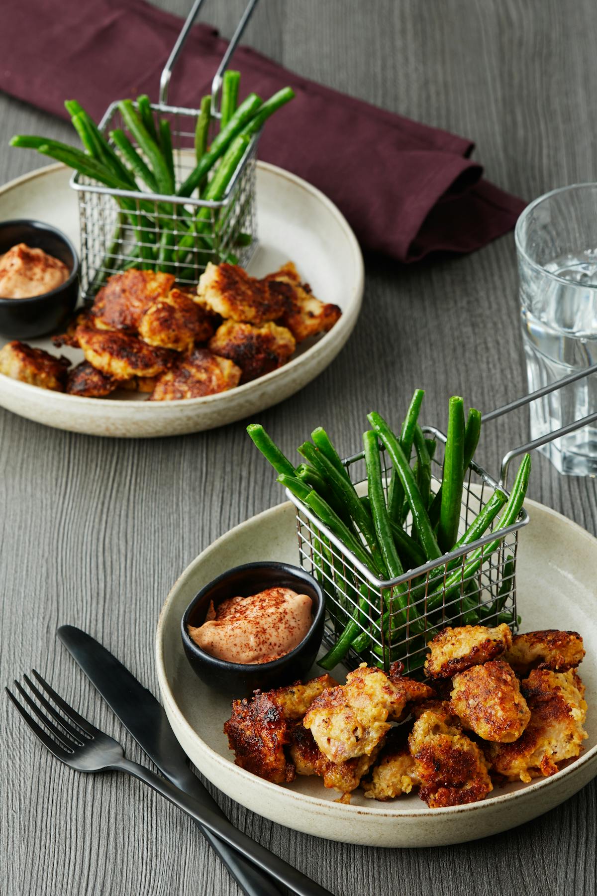 Keto chicken nuggets with green bean fries and BBQ-mayo