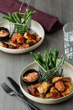 Keto chicken nuggets with green bean fries and BBQ-mayo