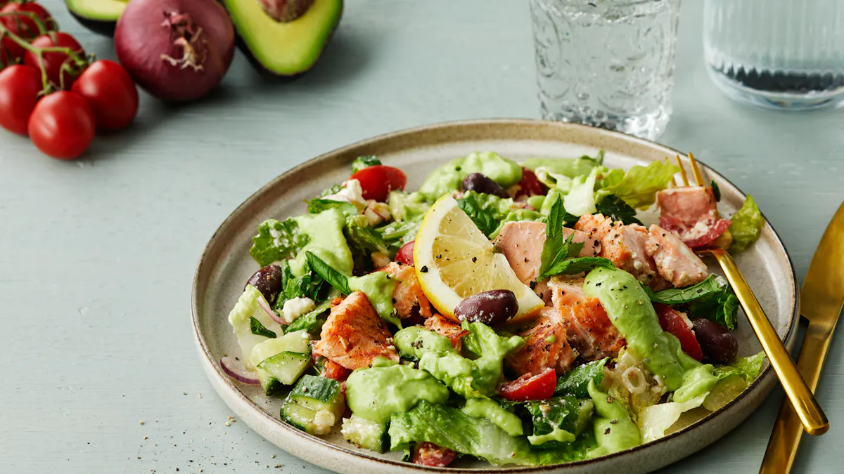 Salmon salad with feta cheese and avocado dressing