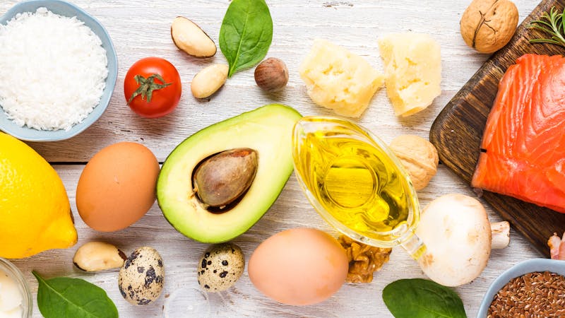 Healthy food low carb keto ketogenic diet. high omega 3, good fat and protein products on white wooden background