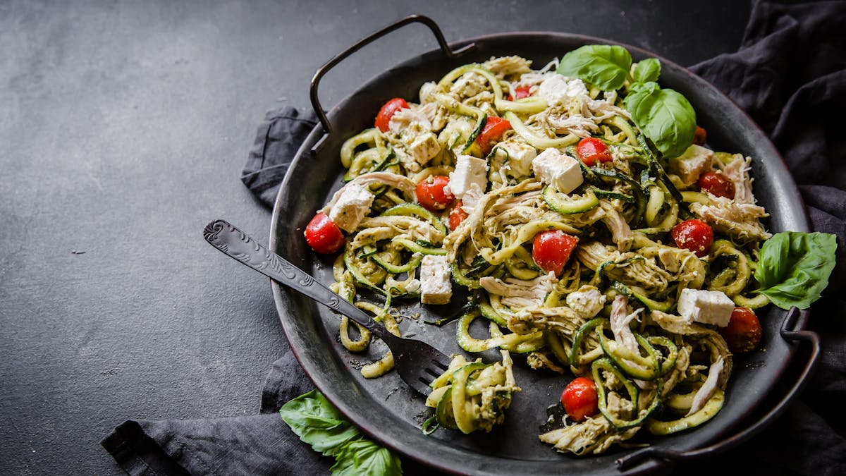 Keto chicken pesto zoodle salad