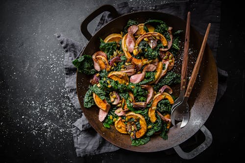 Roasted butternut squash and kale salad with lamb fillet