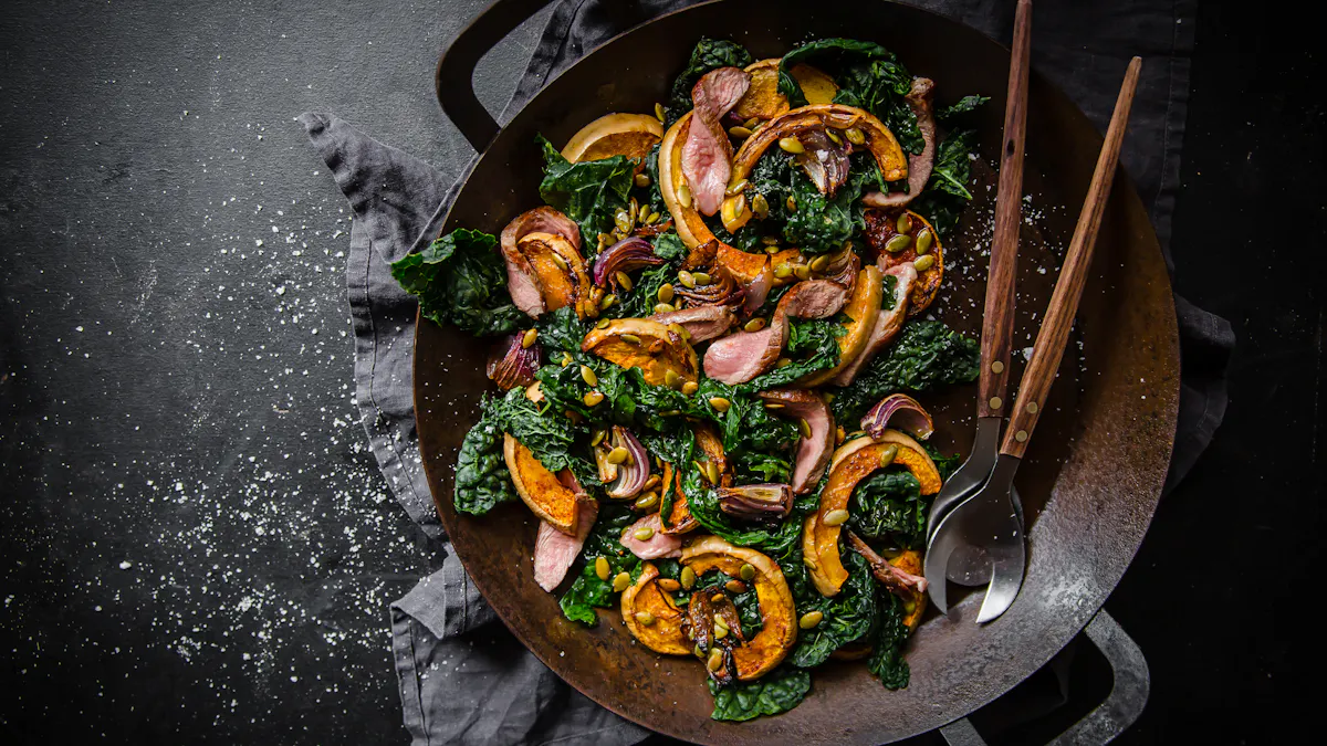 Roasted butternut squash and kale salad with lamb fillet