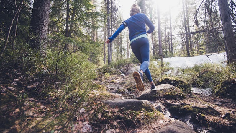 Woman trail runner running in forest.