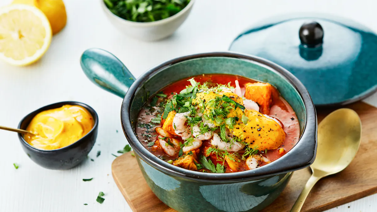 Low-carb bouillabaisse with saffron aioli