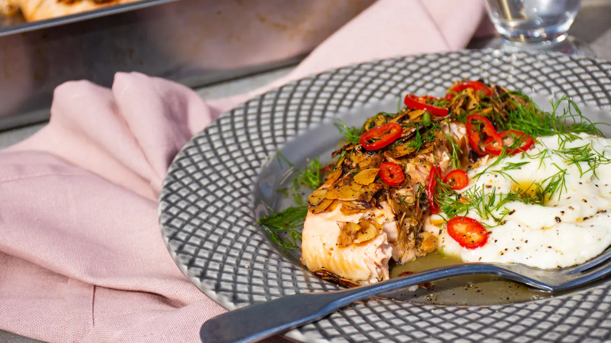 Keto lemon garlic butter salmon with almonds and chili