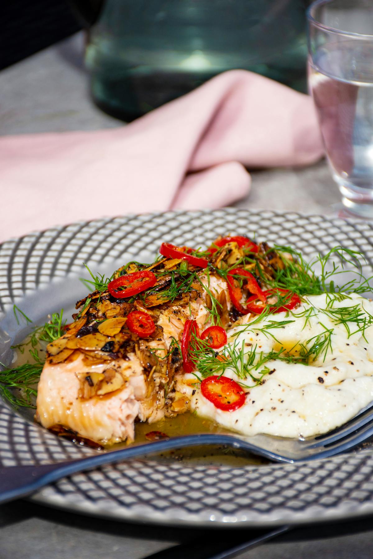 Keto lemon garlic butter salmon with almonds and chili