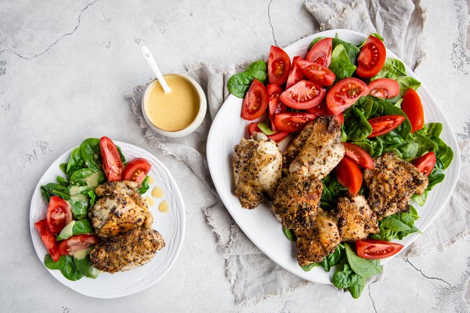 Keto crispy chicken with creamy dijon lemon dressing