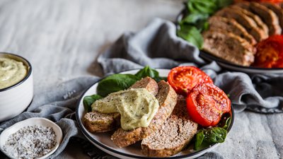 Keto Italian meatloaf with baked tomatoes and pesto mayo