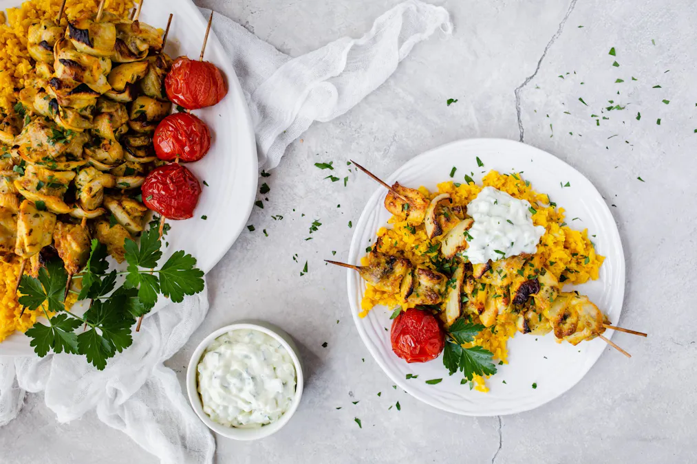 Persian chicken kebabs with cauli rice and garlic sauce