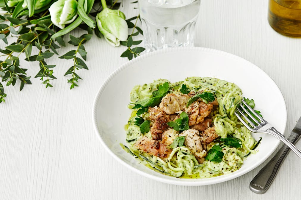Keto avocado Alfredo sauce with zoodles and chicken