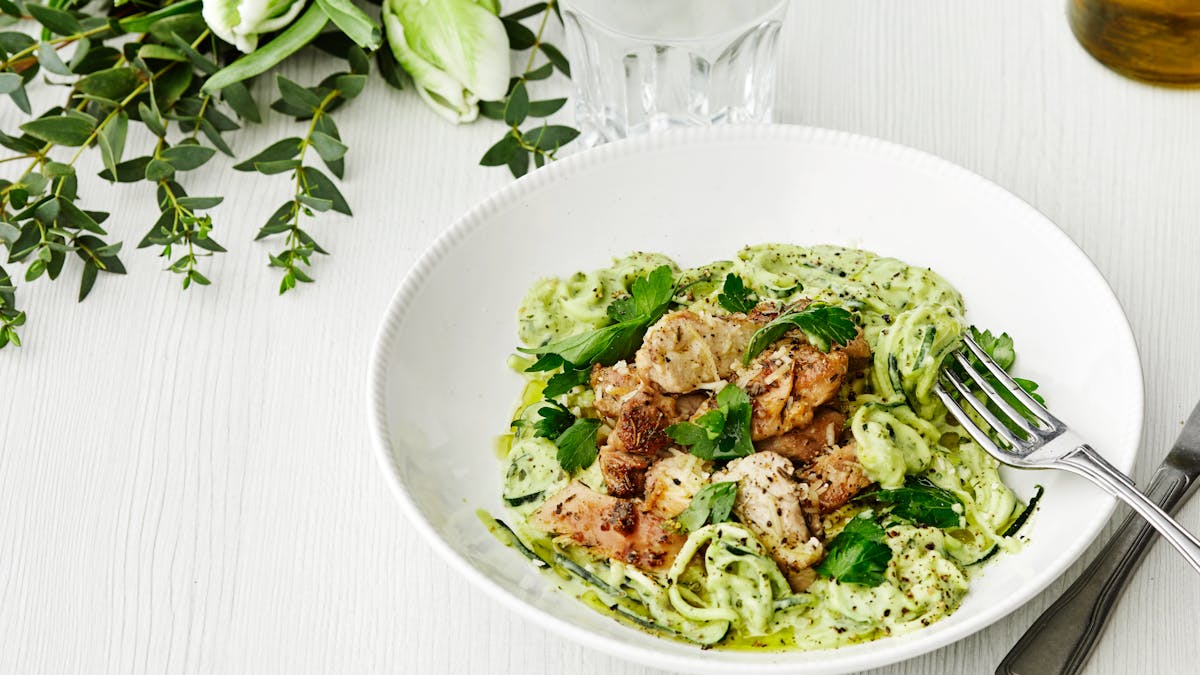 Keto avocado Alfredo sauce with zoodles and chicken