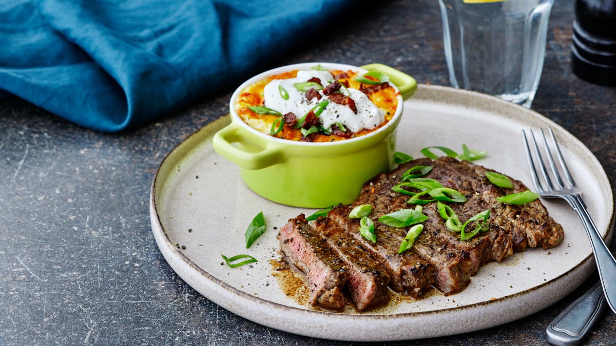Ribeye steak with loaded cauliflower mash