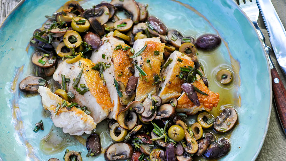 Cooking video: Chicken with olives and mushrooms