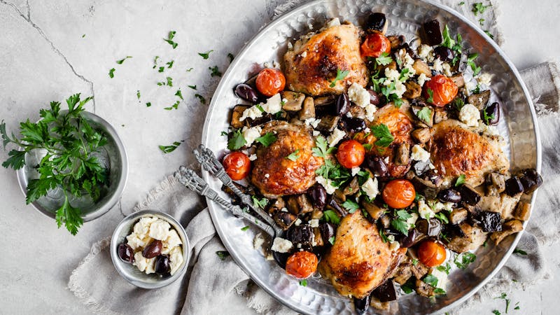 Keto chicken and eggplant sheet pan with tzatziki