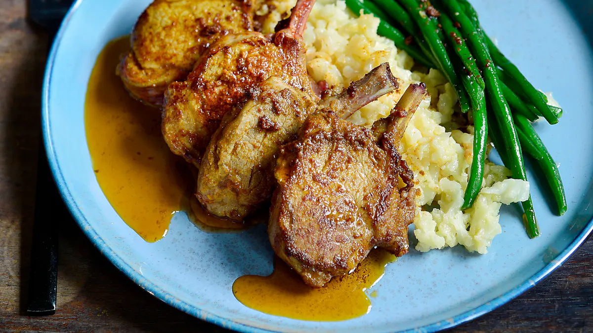 Lamb chops with creamy cauliflower and sauteed green beans