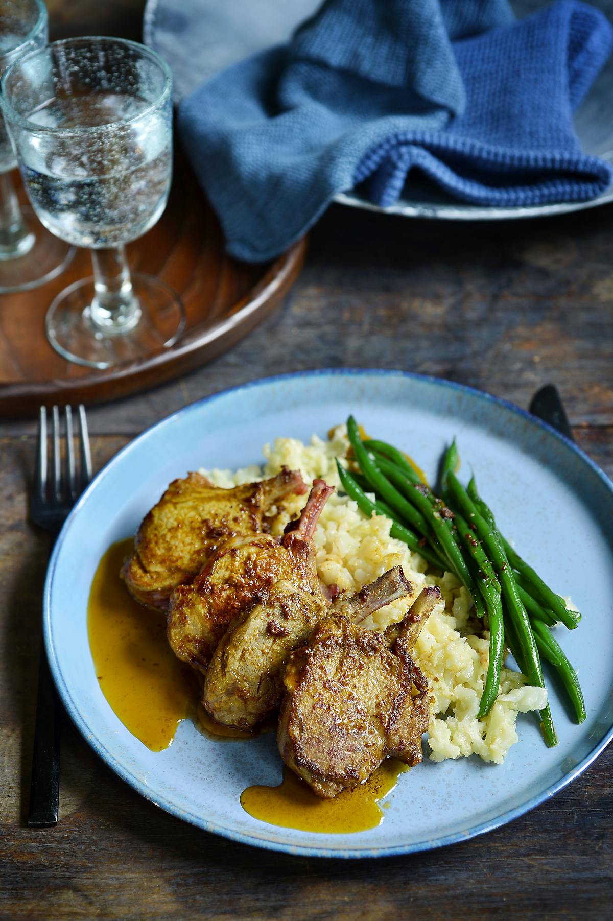 Lamb chops with creamy cauliflower and sauteed green beans