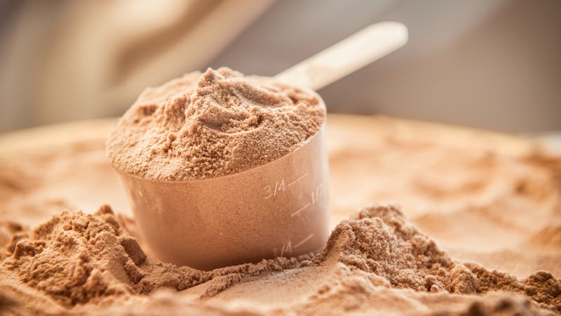 Chocolate whey protein powder with a filled scoop