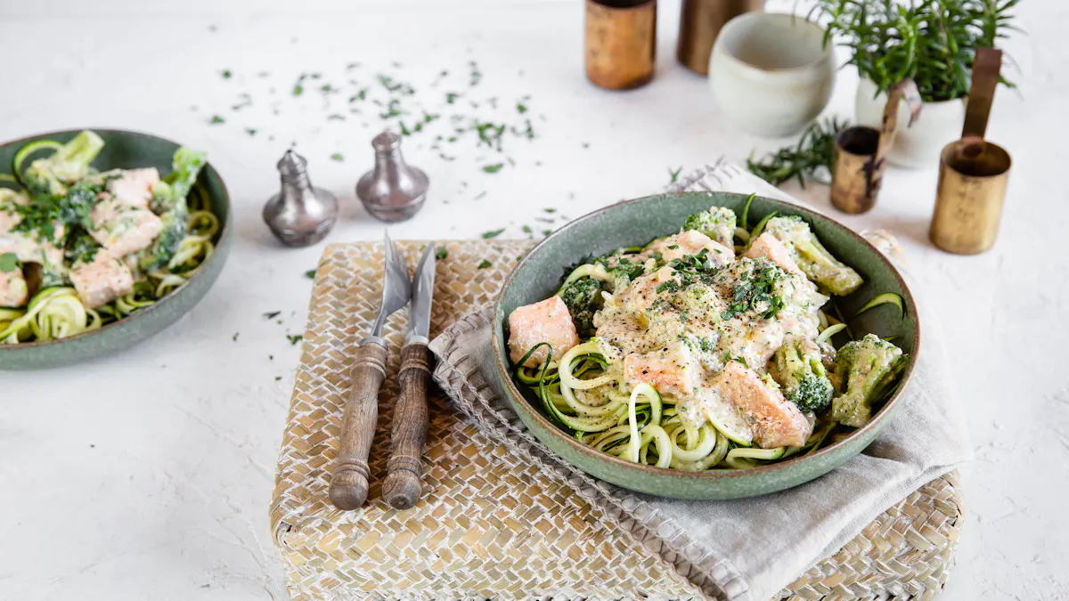 Low-carb salmon and zoodles in blue cheese sauce