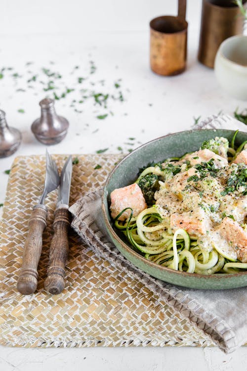 Low carb salmon and zoodles in blue cheese sauce