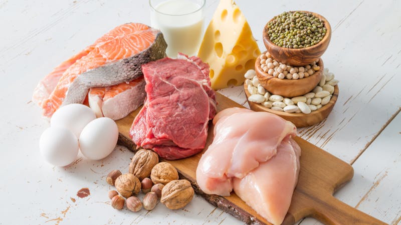 Selection of protein sources in kitchen background