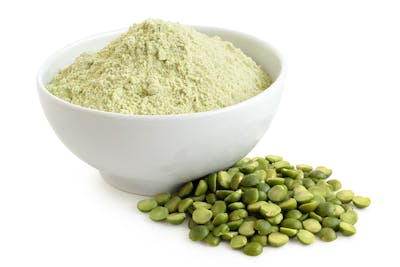 Green pea flour and green split peas.