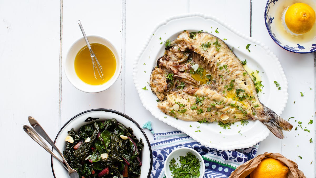 Taverna style Greek butterflied sea bass