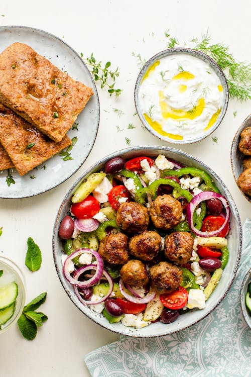 Greek low carb keftedes bowls with tzatziki