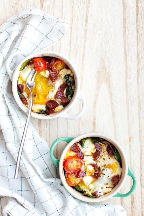 Baked egg pots with chorizo and feta cheese