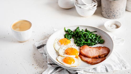 High protein breakfast with Canadian bacon, eggs, and spinach
