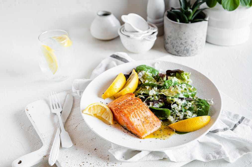 Seared lemon butter salmon with Italian salad