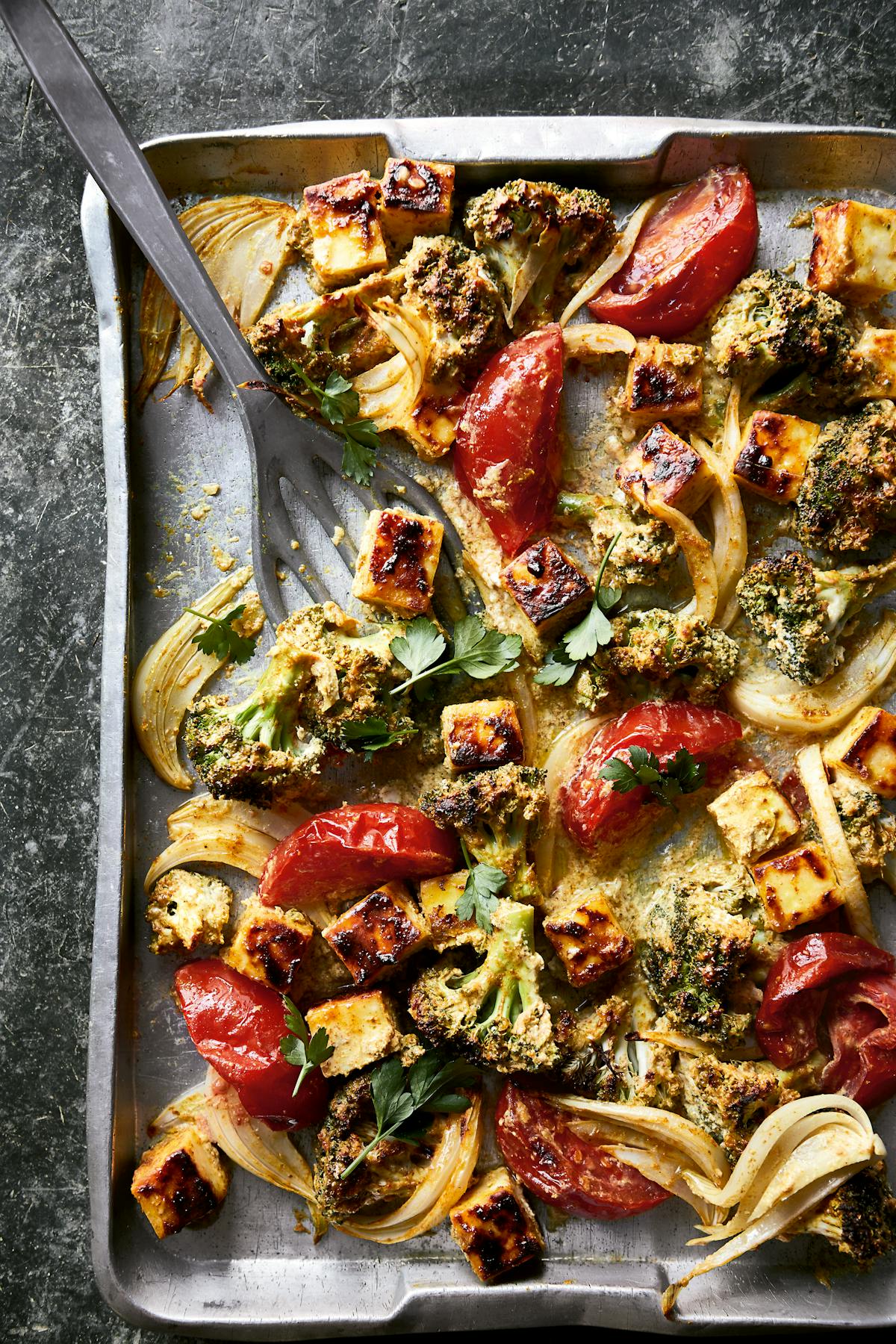 Grilled paneer and broccoli sheet pan