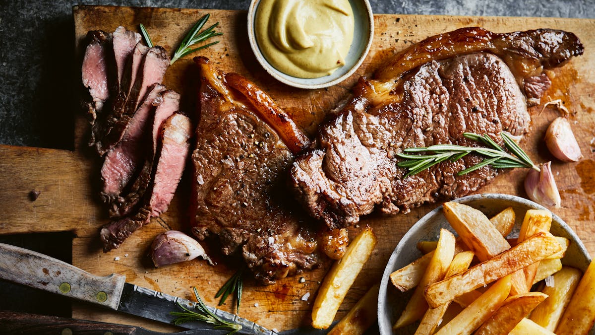 Steak, chips with garlic & rosemary butter