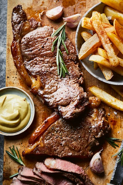 Steak, chips with garlic & rosemary butter
