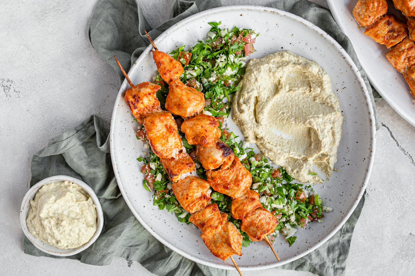 Chicken Skewers With Low Carb Tabouleh & Hummus - Recipe