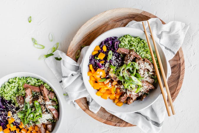 Keto beef and broccoli rice-bowl with miso dressing
