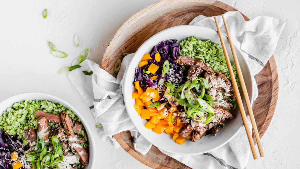 Keto beef and broccoli rice bowl with miso dressing