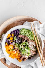 Keto beef and broccoli rice bowl with miso dressing