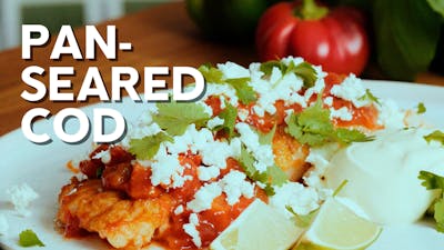 Pan-seared cod in salsa with queso fresco