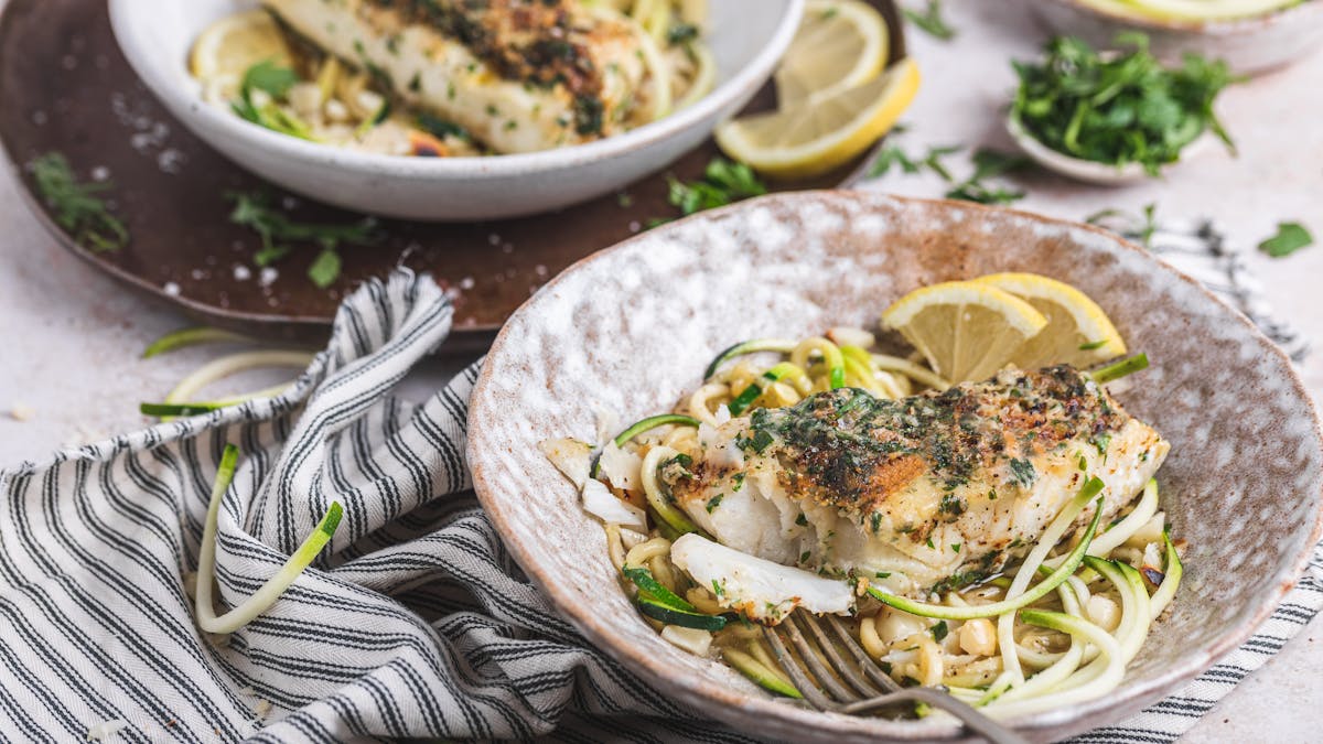 Parmesan-crusted keto fish with zoodles