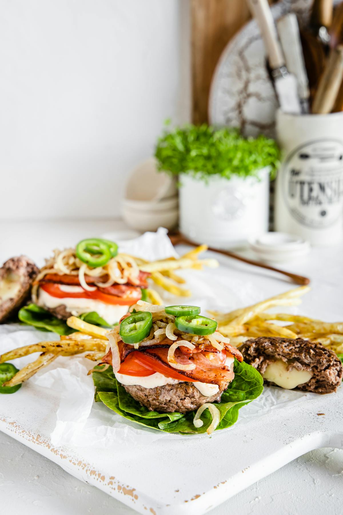 Juicy Lucy (cheese stuffed) burger with wax-bean fries
