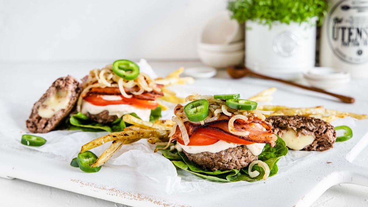 Juicy Lucy (cheese stuffed) burger with wax-bean fries