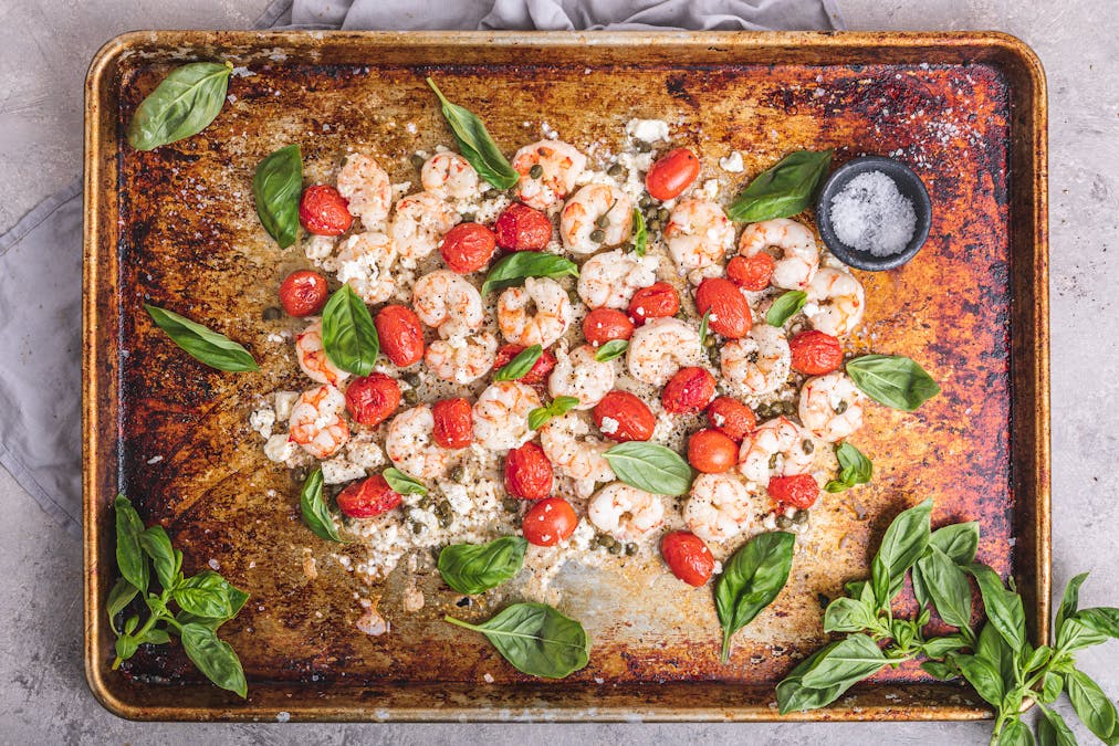 Garlic butter shrimp and tomato sheet pan