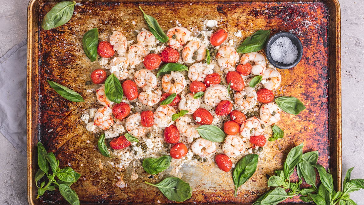 Garlic butter shrimp and tomato sheet pan