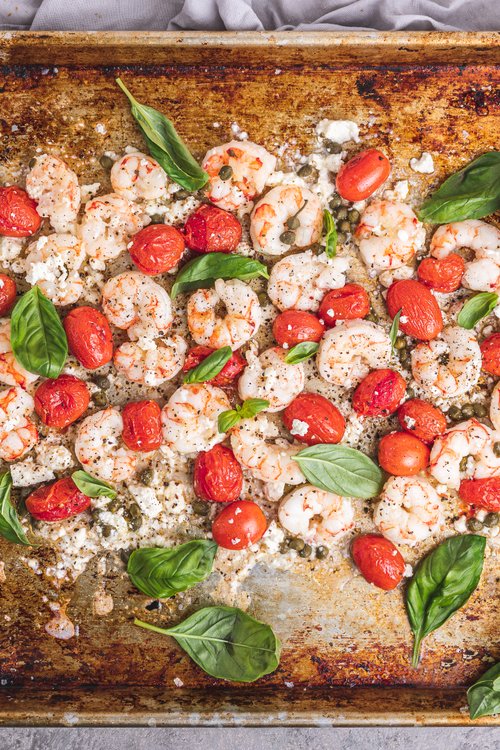 Garlic butter shrimp and tomato sheet pan