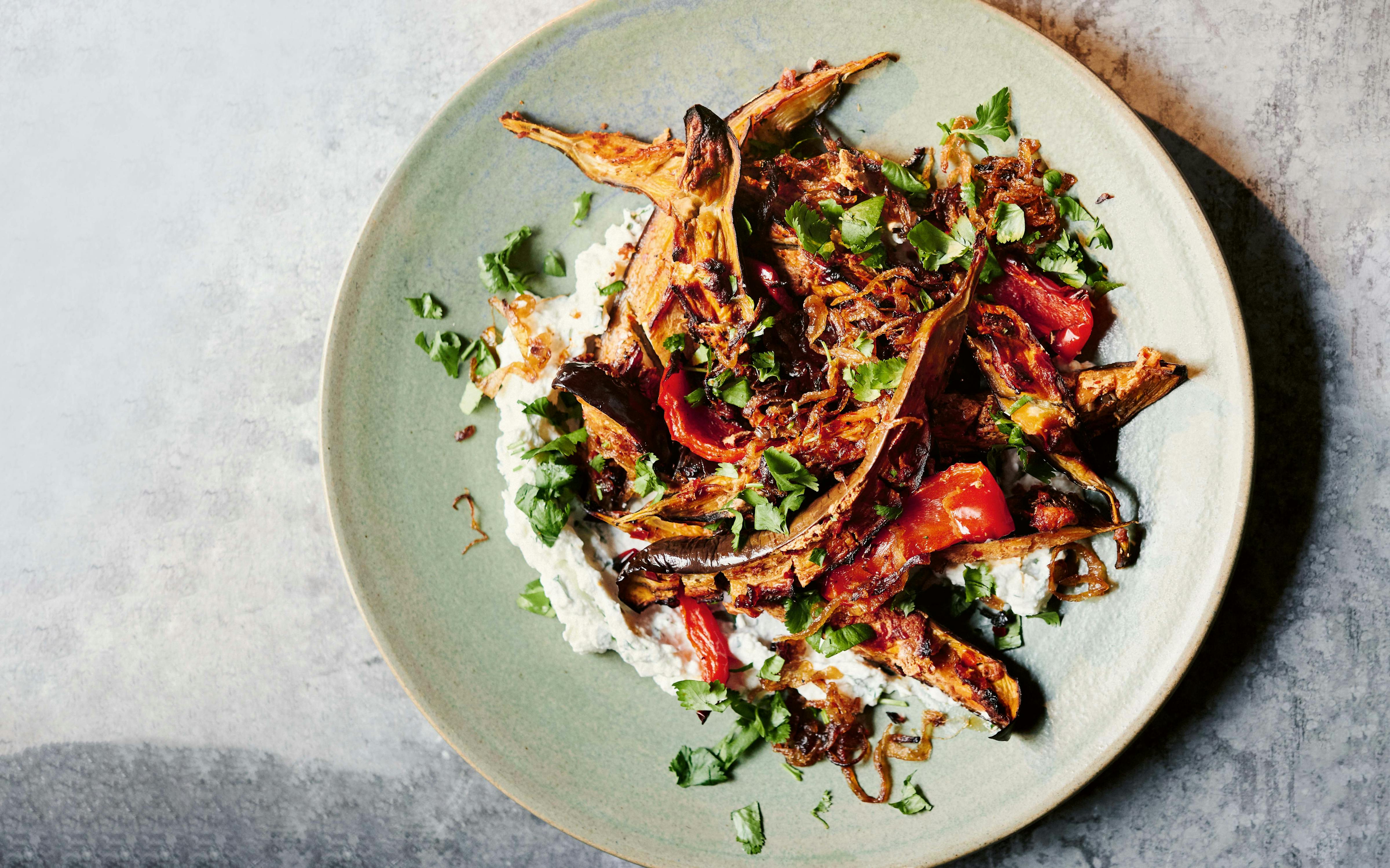 Roasted Eggplant With Crispy Onions & Feta Cream - Recipe