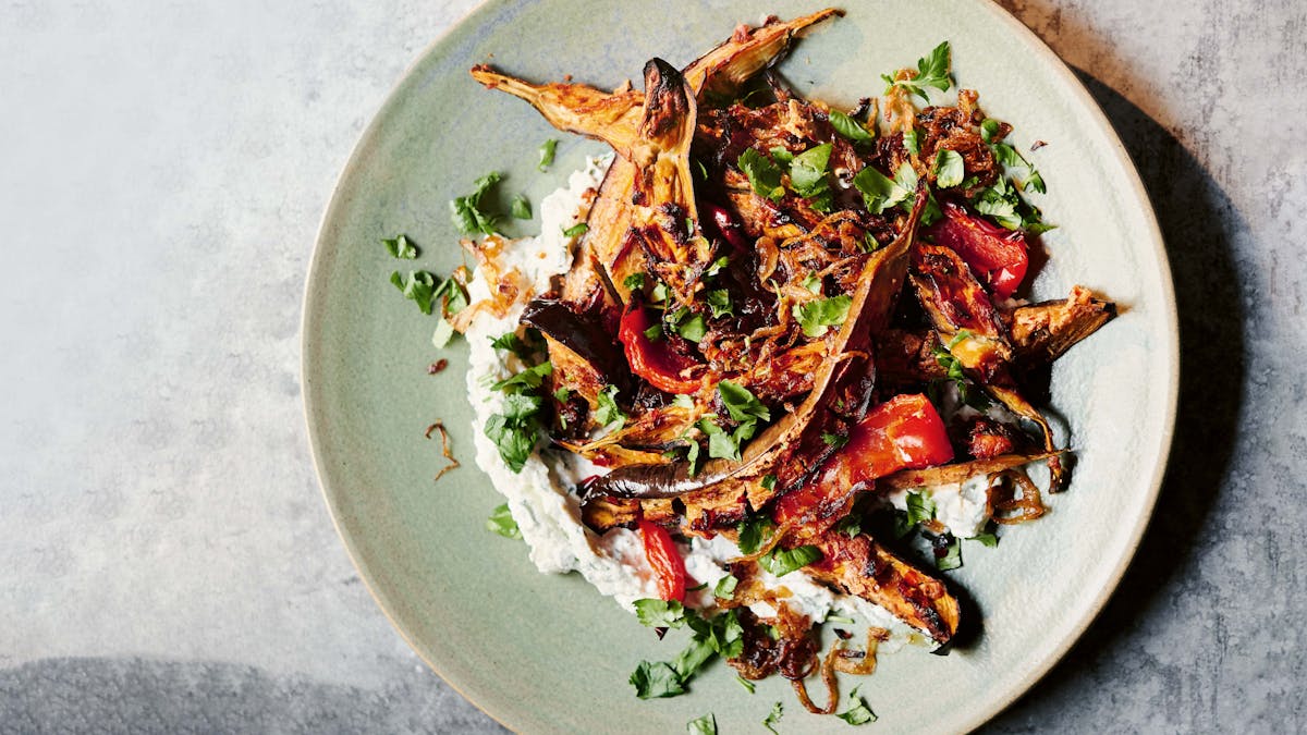 Roasted eggplant with crispy onions and feta cream