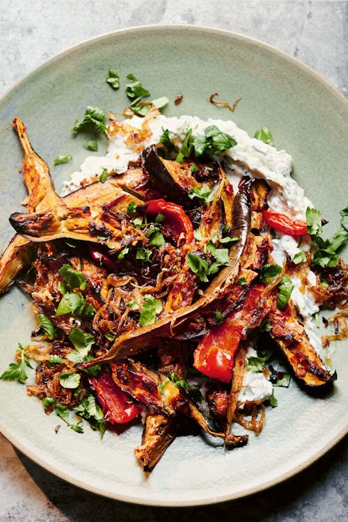 Roasted eggplant with crispy onions and feta cream